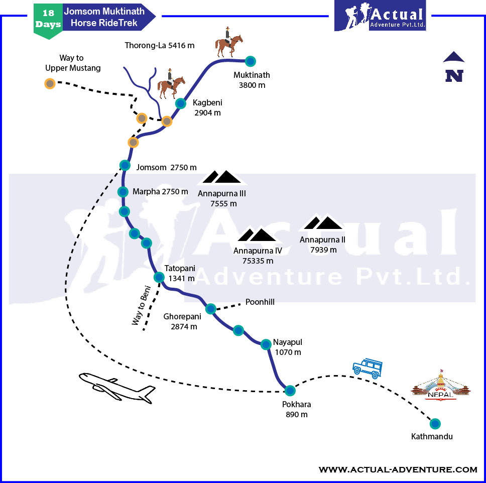 Route map for Mustang Horse Trek Nepal